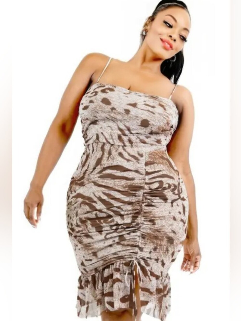 Plus Size Brown Animal Print Ruched Bodycon Dress - Picture 2 of 4